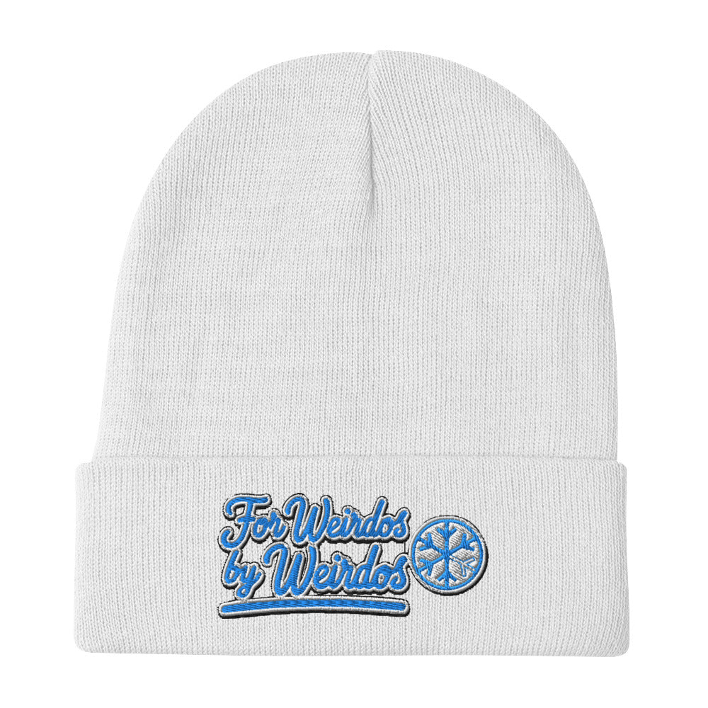 White-For Weirdos by Weirdos Beanie Hat from B.Different Clothing, flat view, graffiti-inspired streetwear