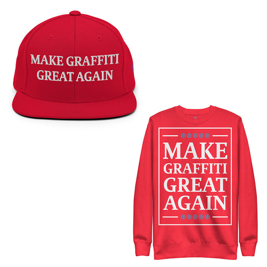 Red-Make Graffiti Great Again Bundle snapback hat and sweatshirt from B.Different Clothing, front view, graffiti-inspired streetwear