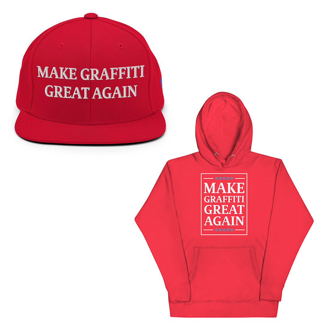 Red-Make Graffiti Great Again Bundle snapback hat and hoodie from B.Different Clothing, front view, graffiti-inspired streetwear
