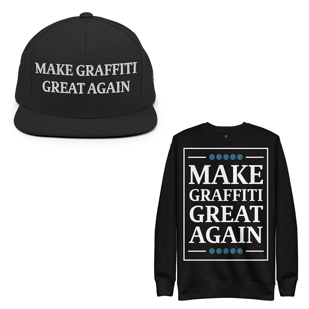Black-Make Graffiti Great Again Bundle snapback hat and sweatshirt from B.Different Clothing, front view, graffiti-inspired streetwear