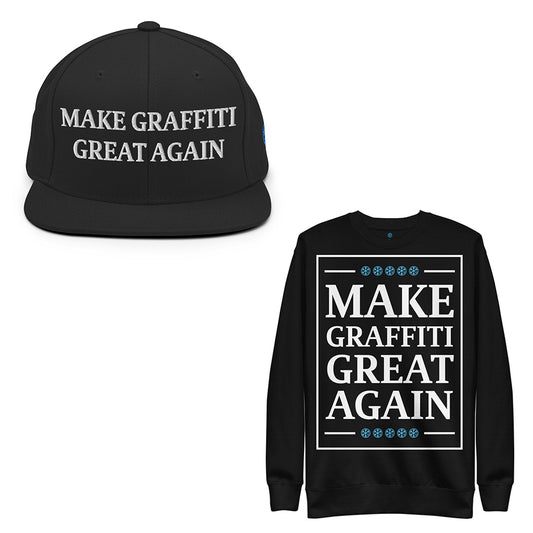 Black-Make Graffiti Great Again Bundle snapback hat and sweatshirt from B.Different Clothing, front view, graffiti-inspired streetwear