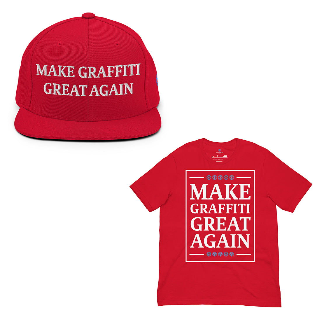 Red-Make Graffiti Great Again Bundle snapback hat and t-shirt from B.Different Clothing, front view, graffiti-inspired streetwear
