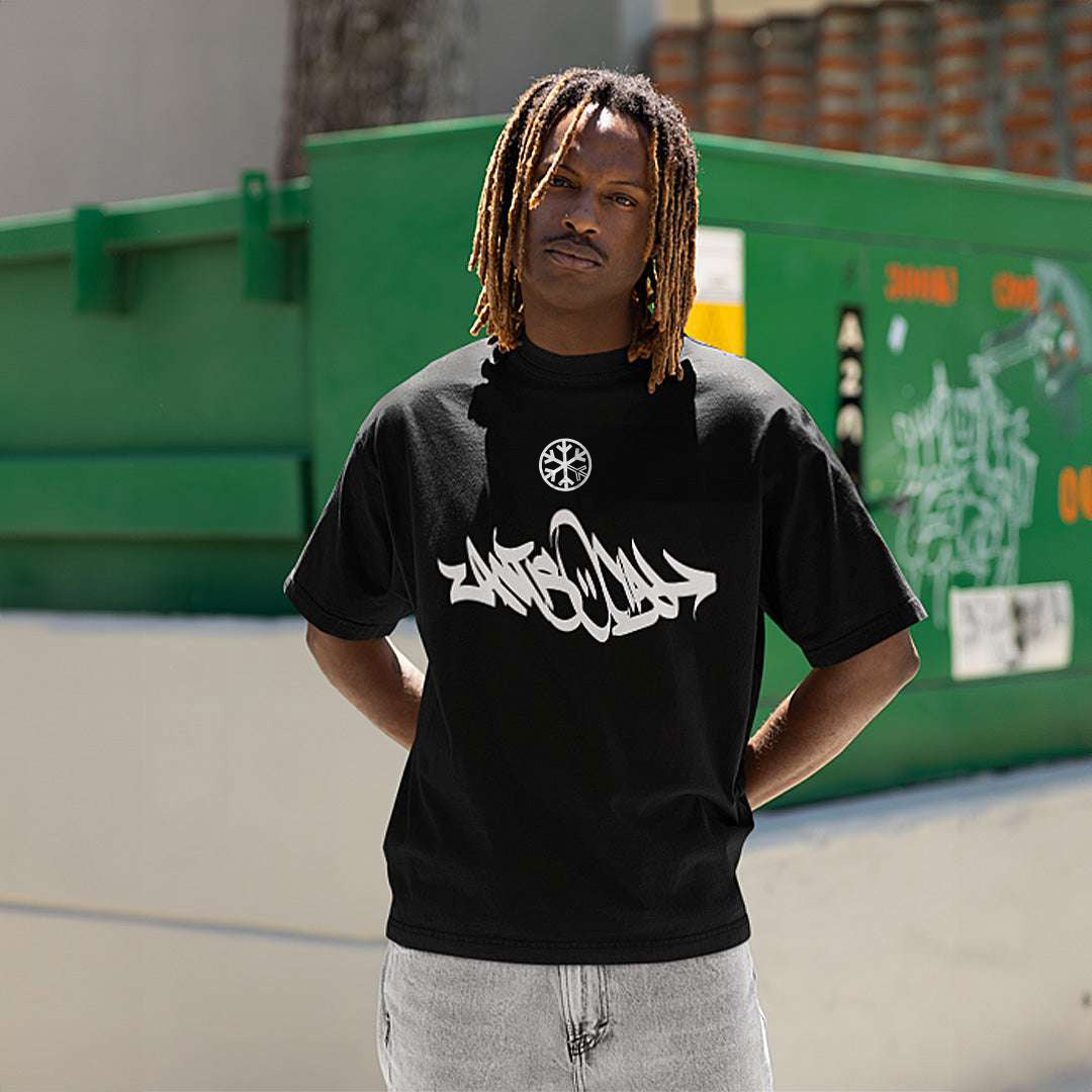 Black-Antisocial Graffiti Tag Tee from B.Different Clothing, male model, graffiti-inspired streetwear t-shirt