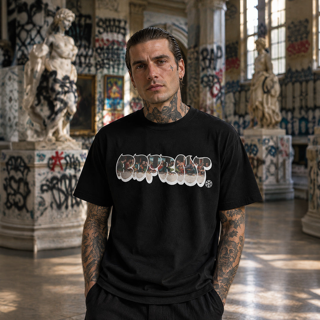 Black-BDFRNT Throwie x Last Supper Graffiti Tee from B.Different Clothing, male model, graffiti-inspired streetwear t-shirt