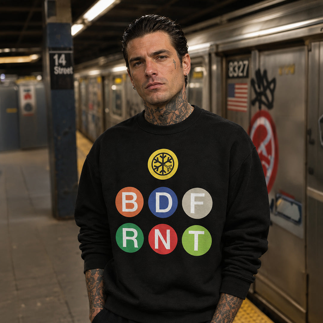 Black-BDFRNT NYC Subway Sweatshirt from B.Different Clothing, male model, graffiti-inspired streetwear