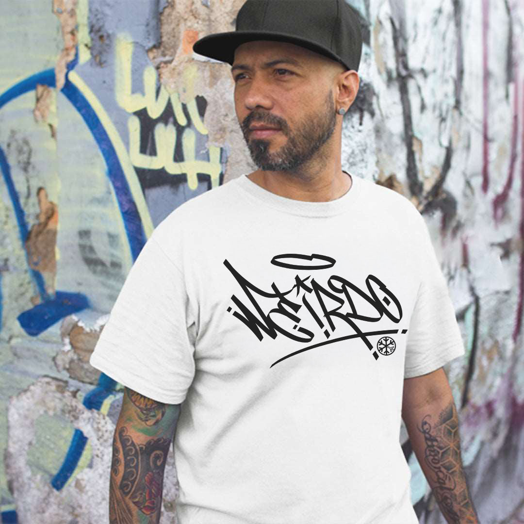 White-Weirdo Tag Graffiti Tee from B.Different Clothing, male model, graffiti-inspired streetwear t-shirt