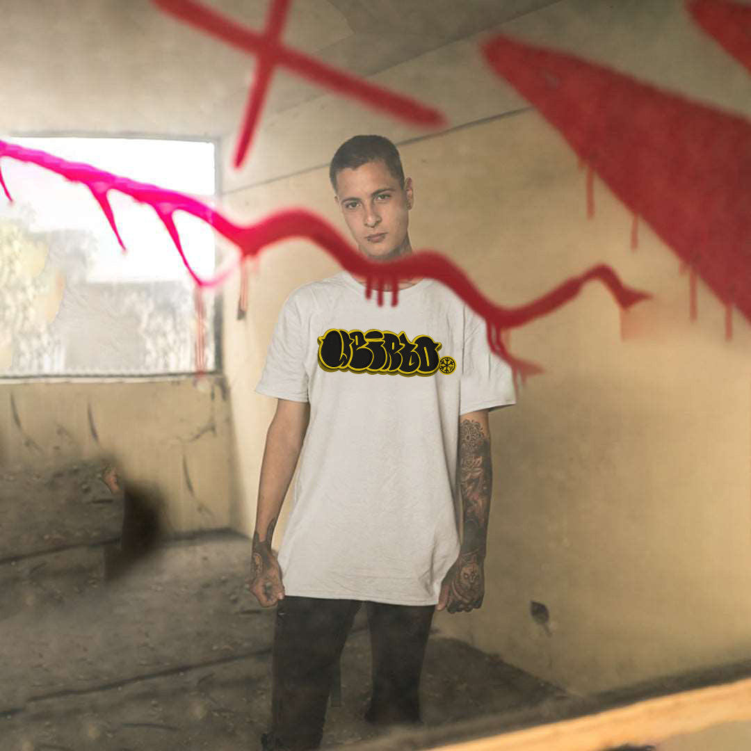 White-Weirdo Graffiti Throwie Tee from B.Different Clothing, male model, graffiti-inspired streetwear t-shirt