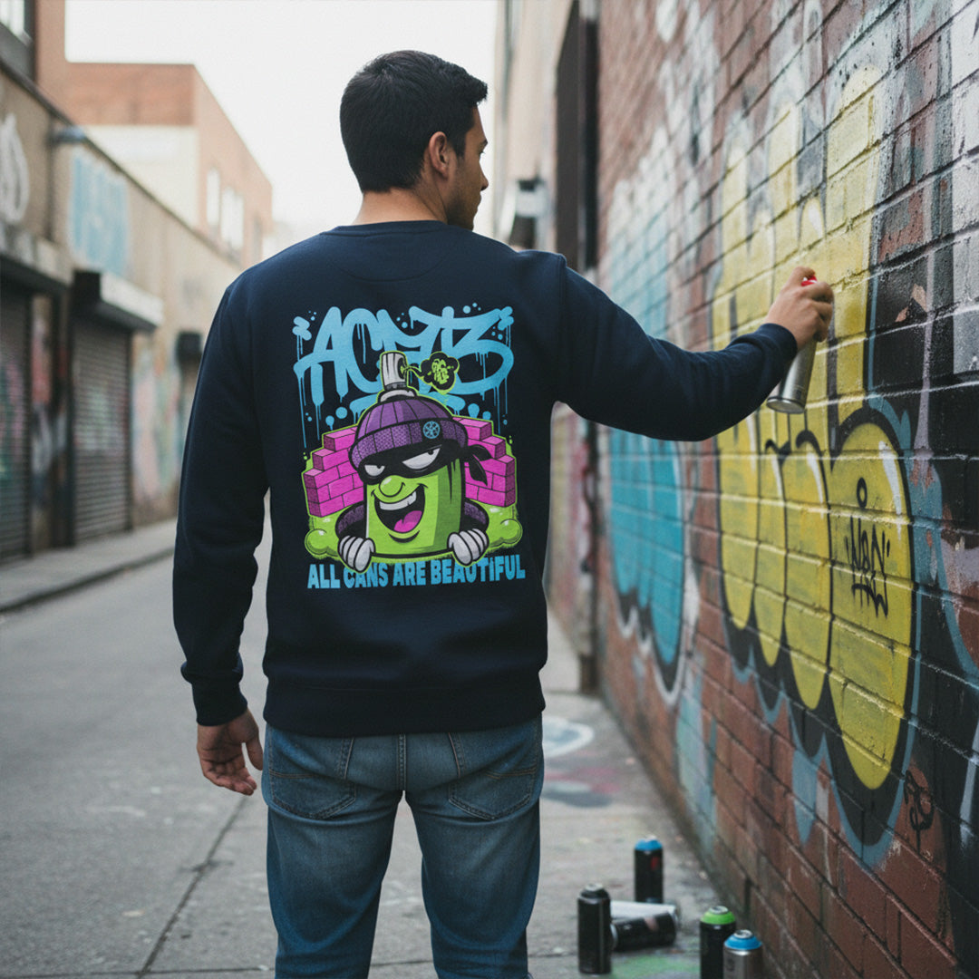 Navy-ACAB Graffiti Character Sweatshirt from B.Different Clothing, male model, graffiti-inspired streetwear