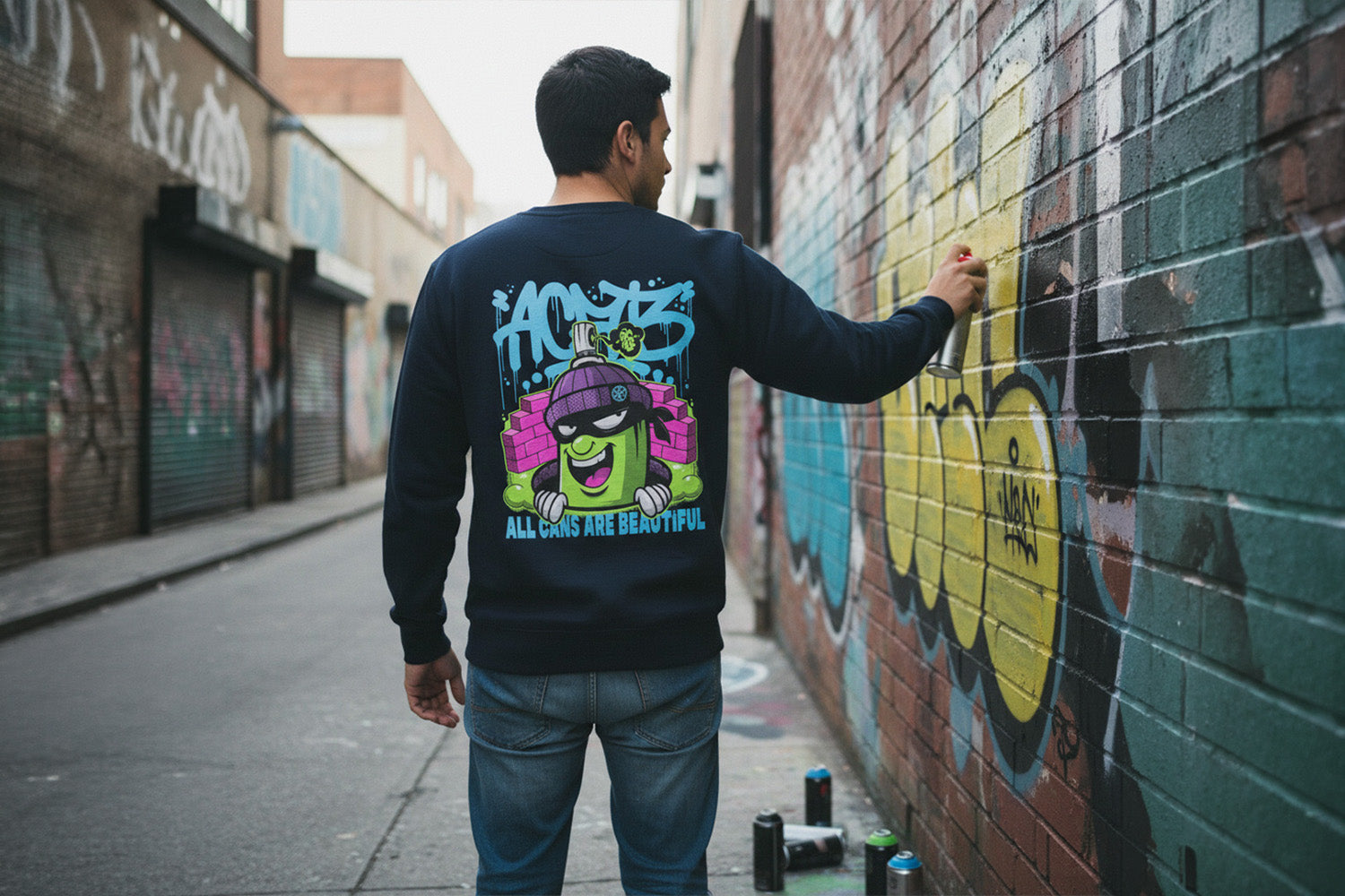 Man wearing ACAB Graffiti Character Sweatshirt from B.Different Clothing, graffiti-inspired streetwear