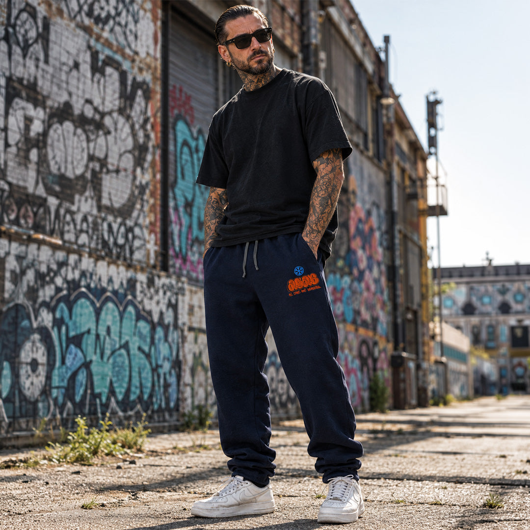 Navy-ACAB Graffiti Throw-up Joggers from B.Different Clothing, male model, graffiti-inspired streetwear