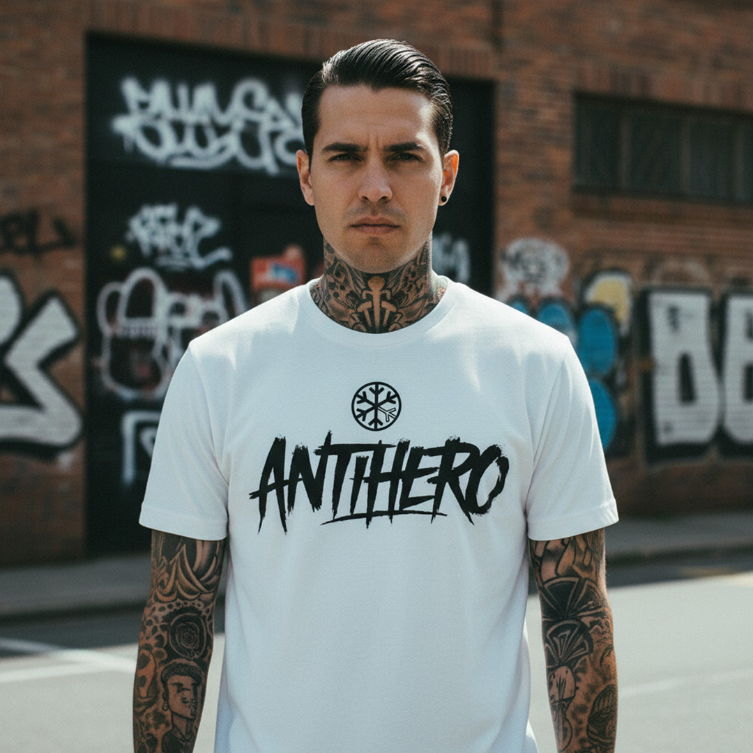 White-Antihero Graffiti Tag Tee from B.Different Clothing, male model, graffiti-inspired streetwear t-shirt