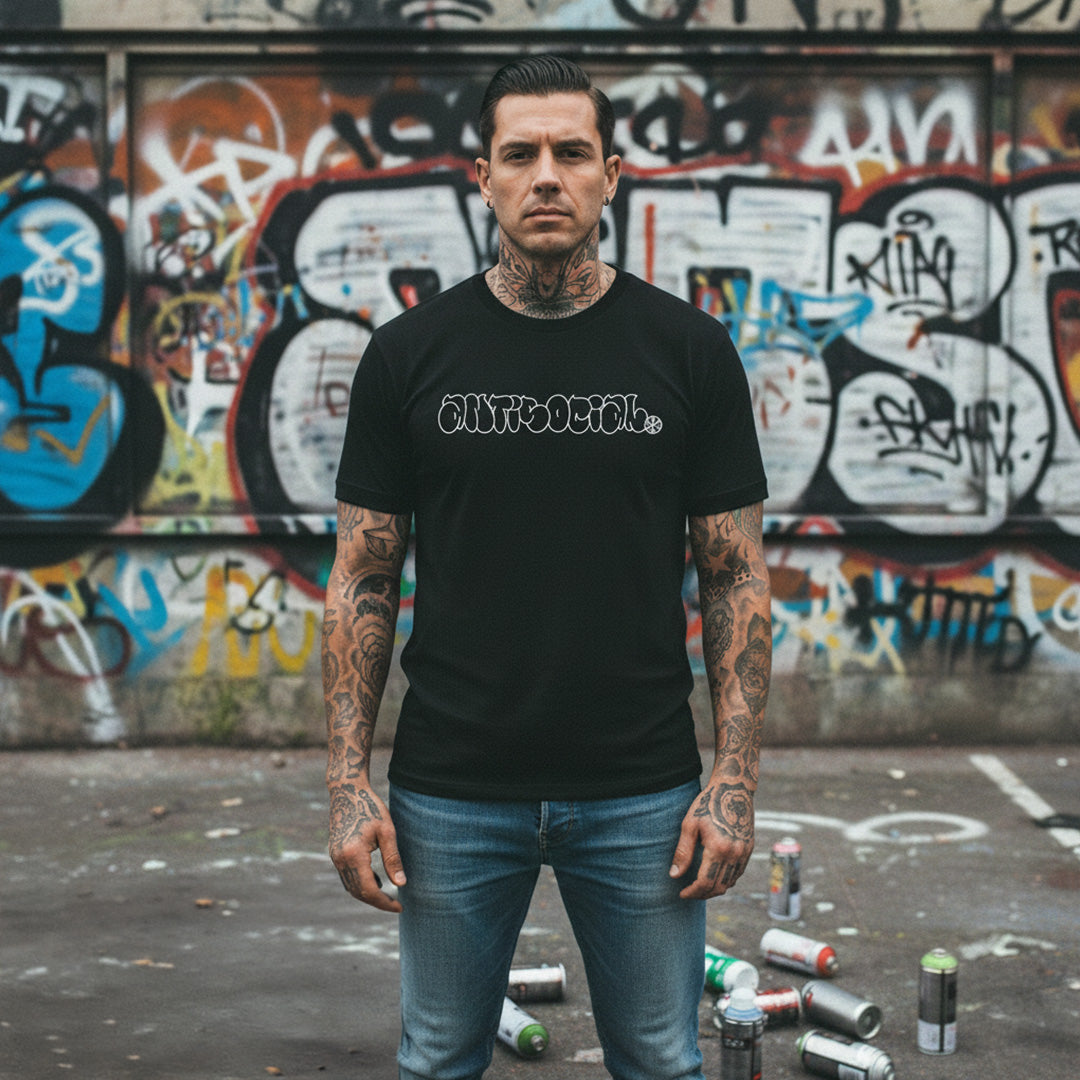 Black-Antisocial Graffiti Hollow Tee from B.Different Clothing, male model, graffiti-inspired streetwear t-shirt