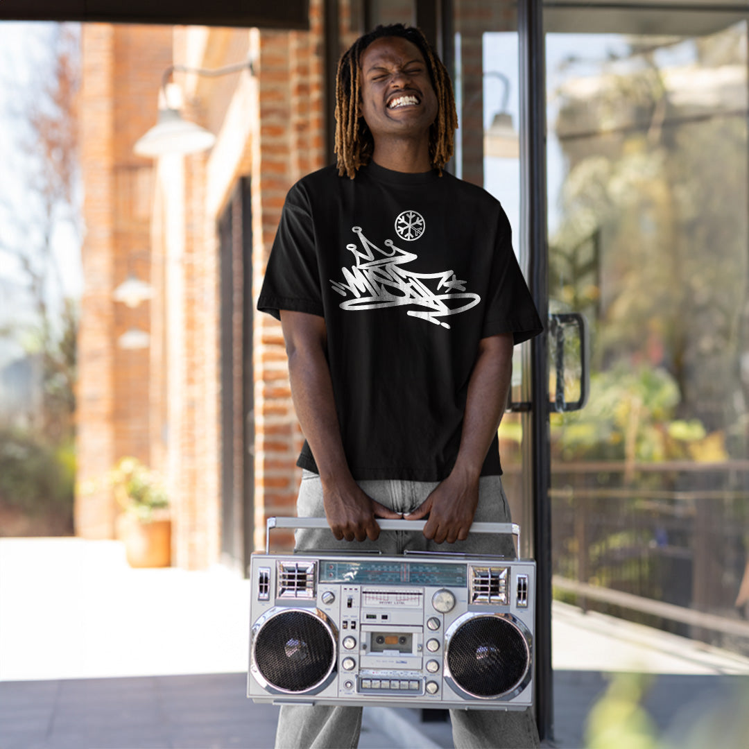 Black-Misfit Graffiti Tag Tee from B.Different Clothing, male model, graffiti-inspired streetwear t-shirt