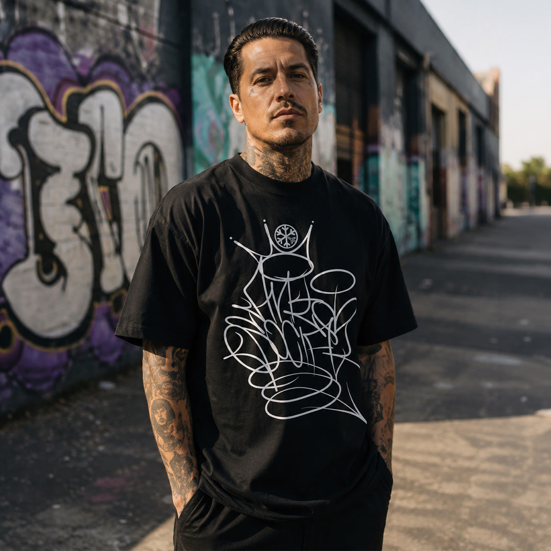Black-Antisocial Graffiti Tag Tee by Caos One from B.Different Clothing, male model, graffiti-inspired streetwear t-shirt