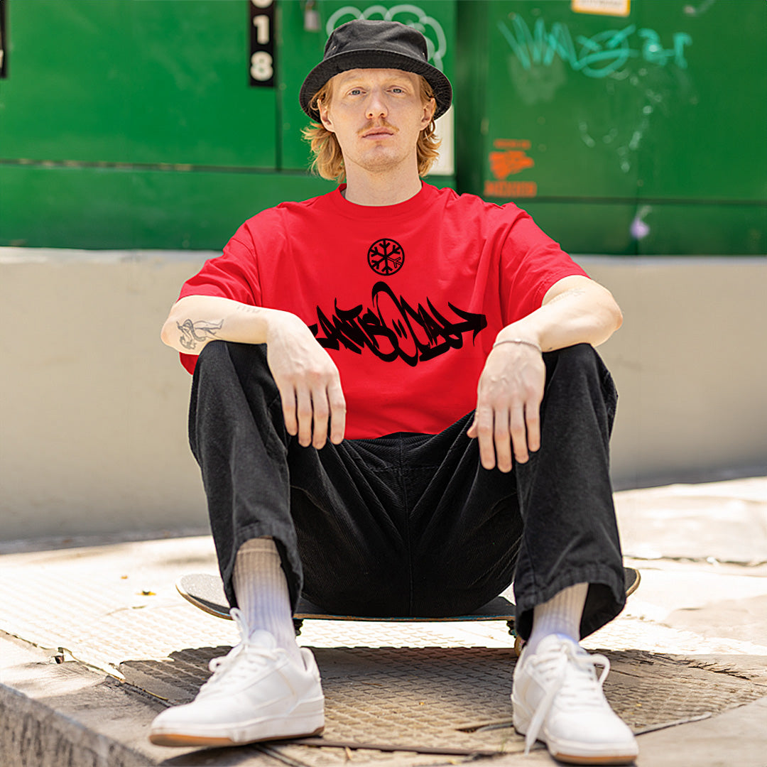 Red-Antisocial Graffiti Tag Tee from B.Different Clothing, male model, graffiti-inspired streetwear t-shirt