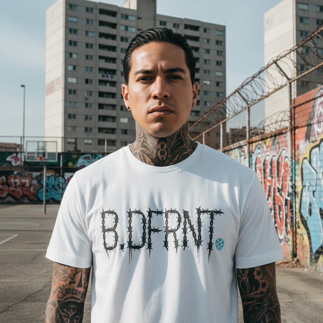 White-B.DFRNT Barbed Wire Tee from B.Different Clothing, male model, graffiti-inspired streetwear t-shirt
