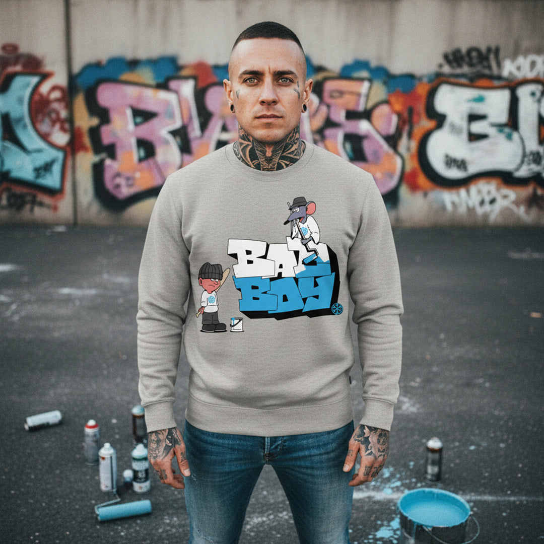 Gray-Bad Boy Graffiti Sweatshirt from B.Different Clothing, male model, graffiti-inspired streetwear
