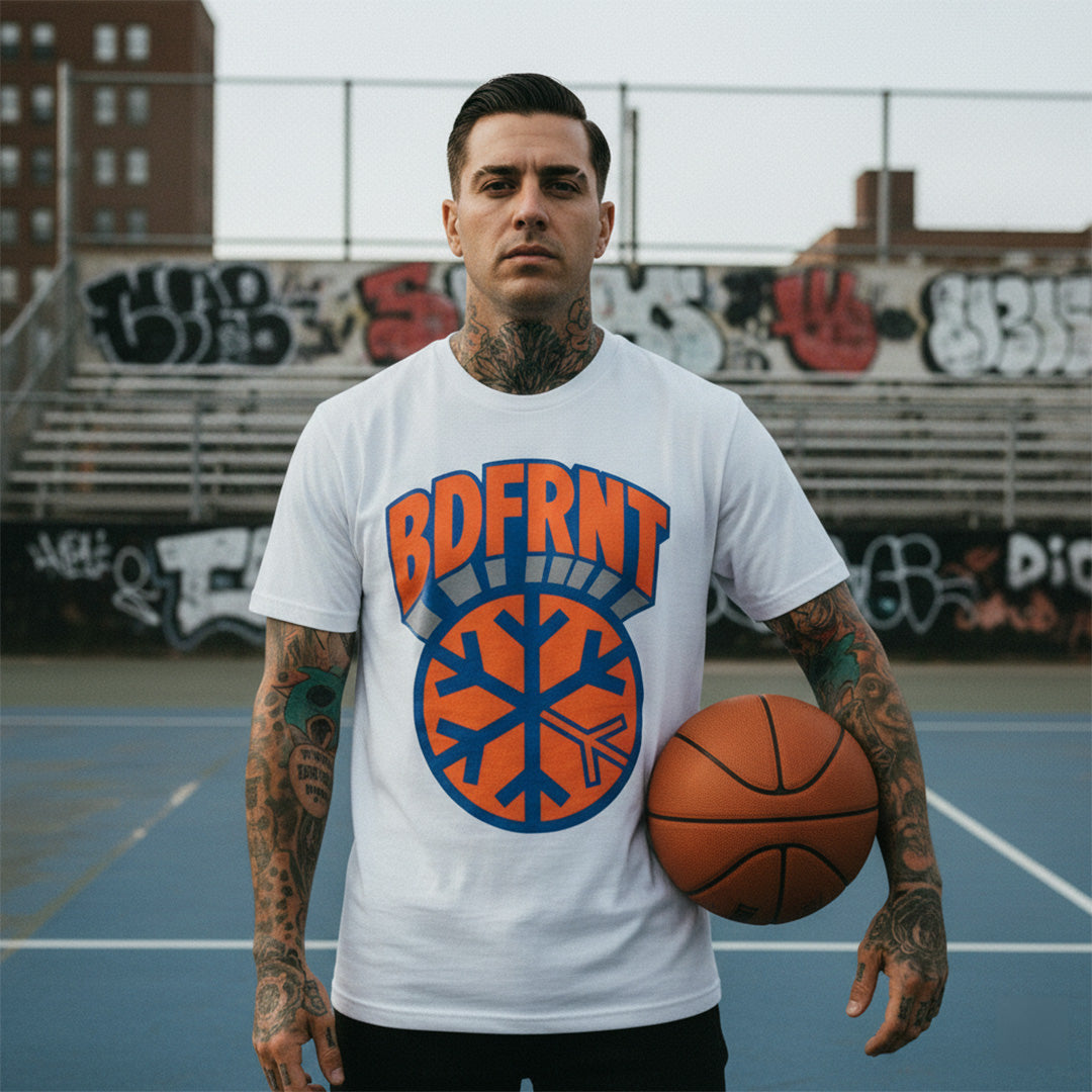 White-BDFRNT Logo 1989 Tee from B.Different Clothing, male model, graffiti-inspired streetwear t-shirt