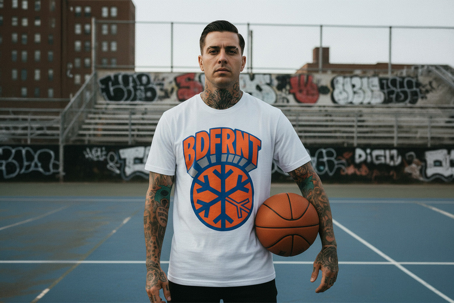 Man wearing BDFRNT Logo 1989 Tee by B.Different Clothing, graffiti-inspired streetwear