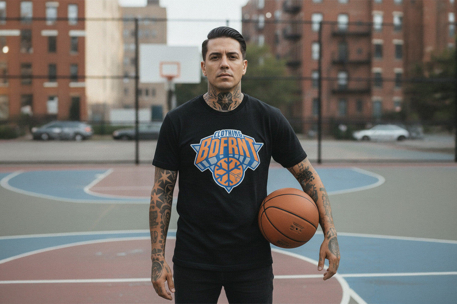 Man wearing BDFRNT Logo 2011 Tee by B.Different Clothing, graffiti-inspired streetwear