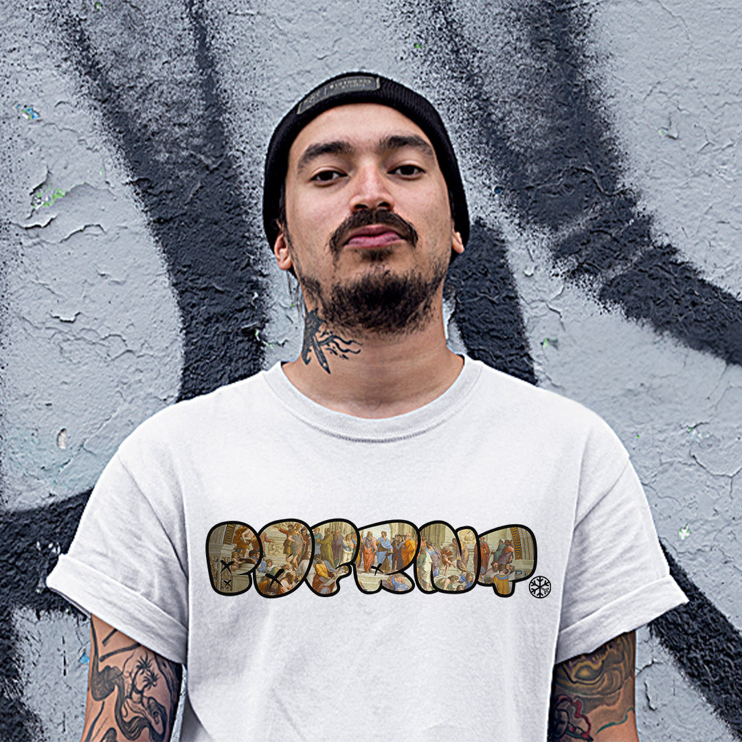 White-BDFRNT Throwie x School of Athens Graffiti Tee from B.Different Clothing, male model, graffiti-inspired streetwear t-shirt