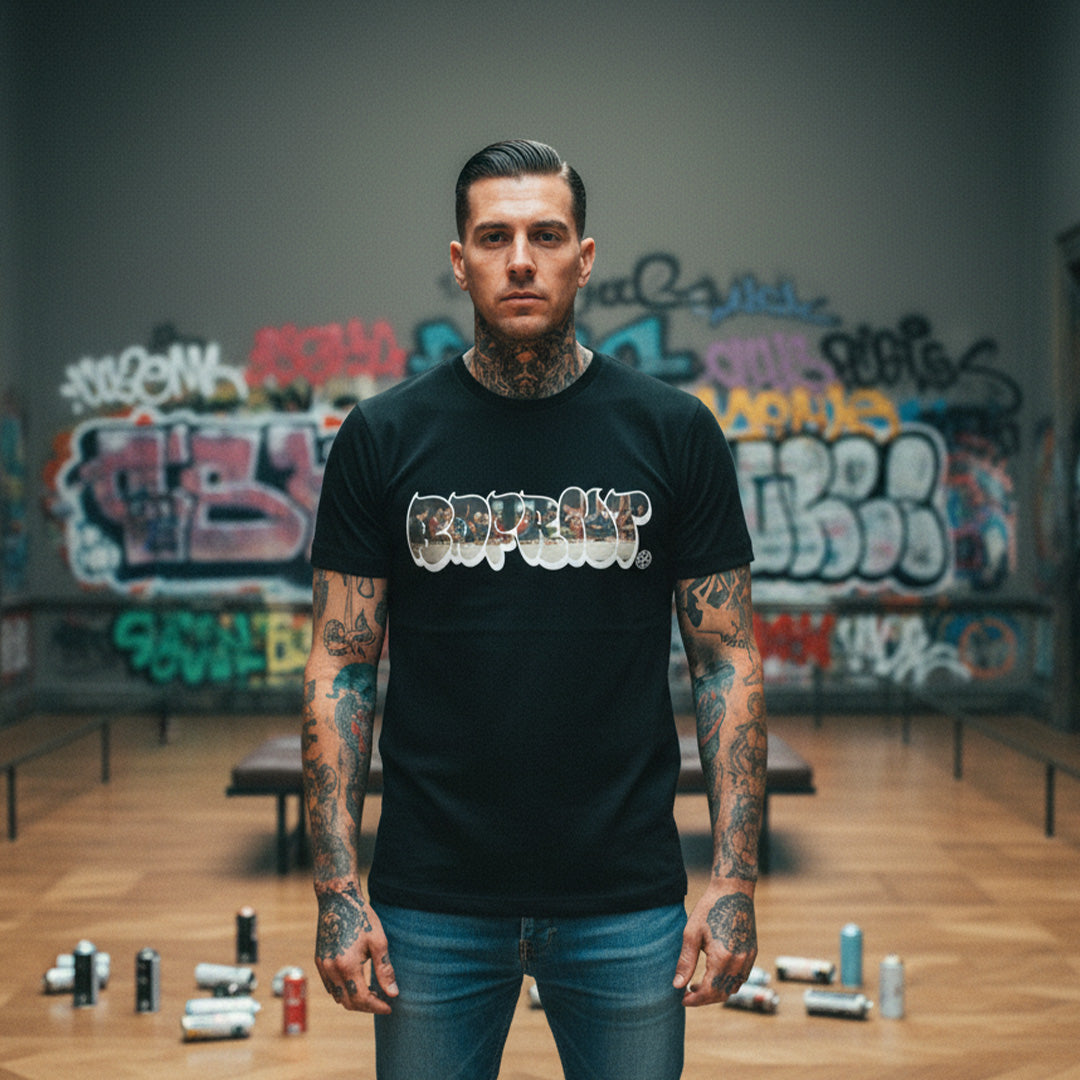 Black-BDFRNT Throwie x Last Supper Graffiti Tee from B.Different Clothing, male model, graffiti-inspired streetwear t-shirt