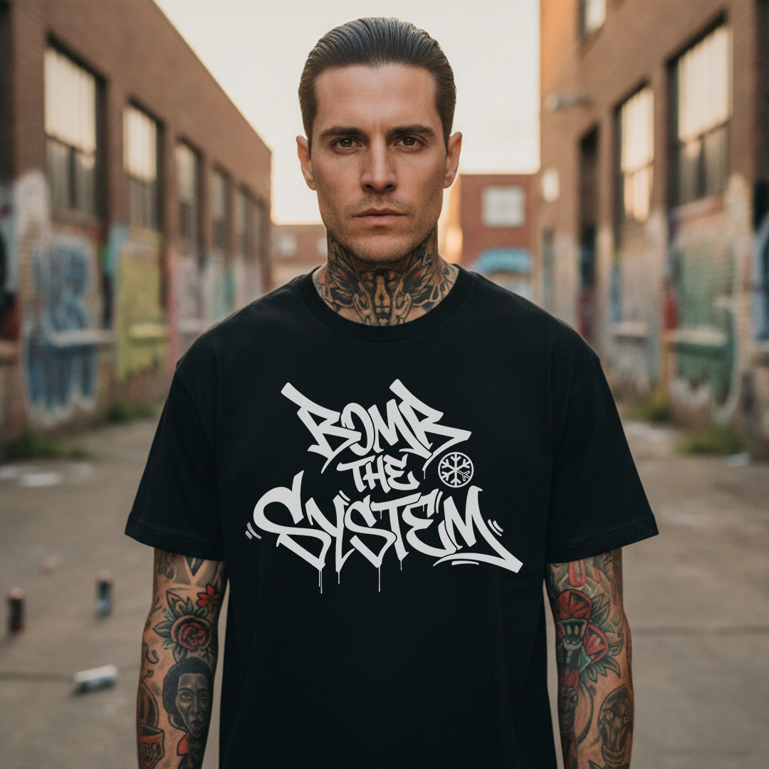 Black-Bomb The System Graffiti Tee from B.Different Clothing, male model, graffiti-inspired streetwear t-shirt