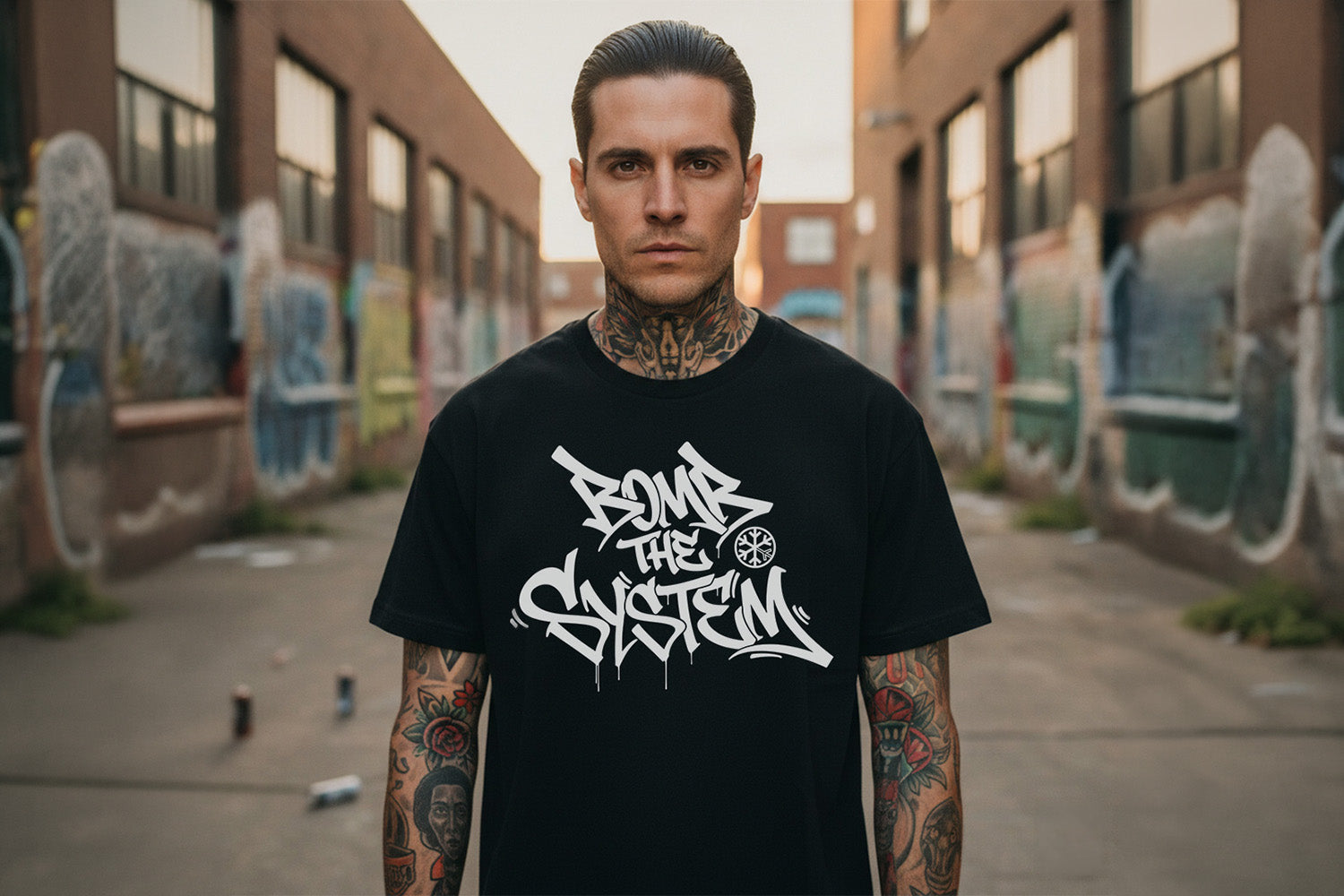 Man wearing Bomb The System Graffiti Tag Tee from B.Different Clothing, graffiti-inspired streetwear