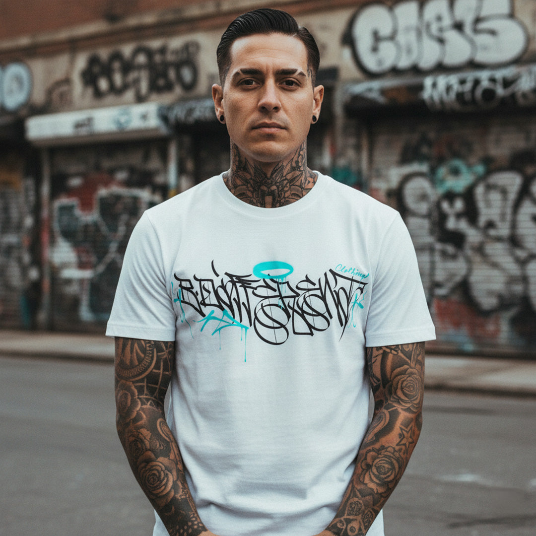 White-Caos One Collab Graffiti Tee from B.Different Clothing, male model, graffiti-inspired streetwear t-shirt