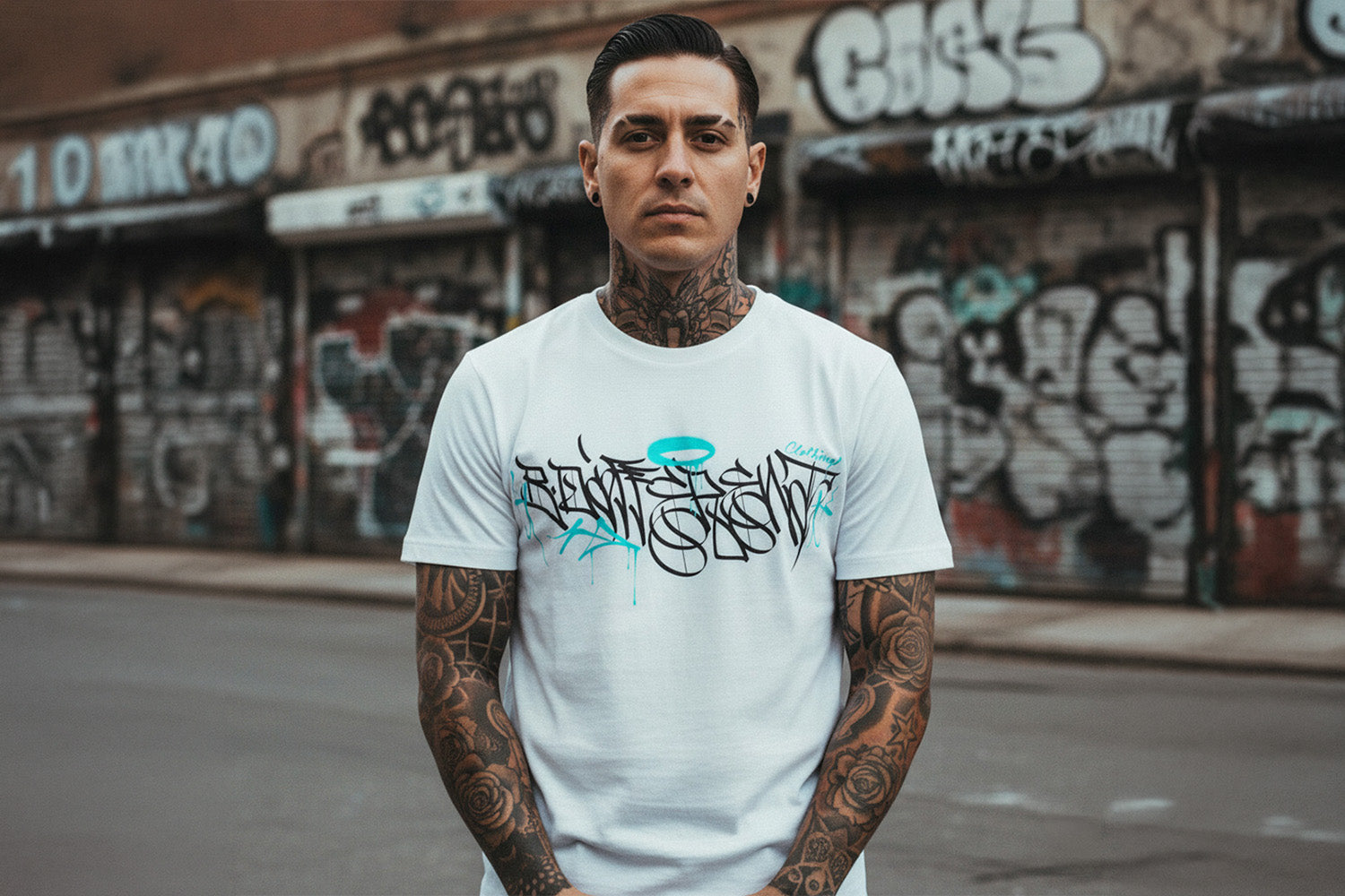 Man wearing Caos One Collab Graffiti Tee from B.Different Clothing, graffiti-inspired streetwear