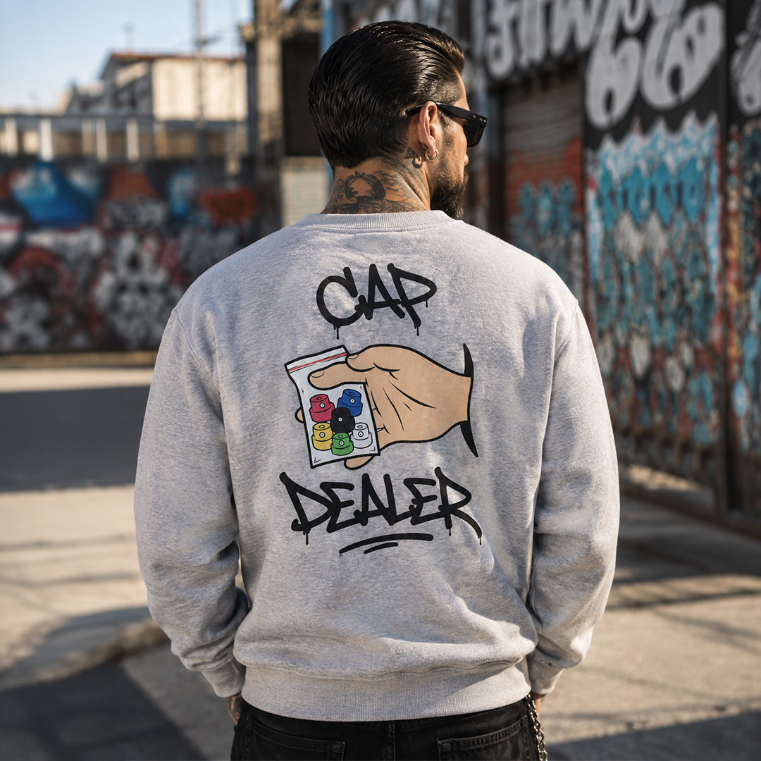 Gray-Cap Dealer Graffiti Sweatshirt from B.Different Clothing, male model, graffiti-inspired streetwear