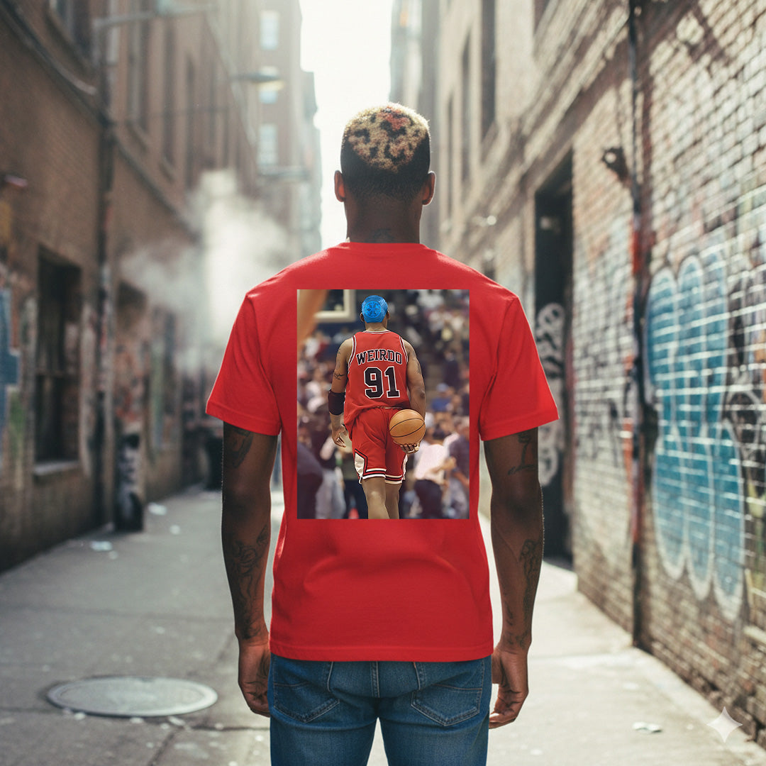 Red-Dennis Graffiti Tee from B.Different Clothing, male model, graffiti-inspired streetwear t-shirt