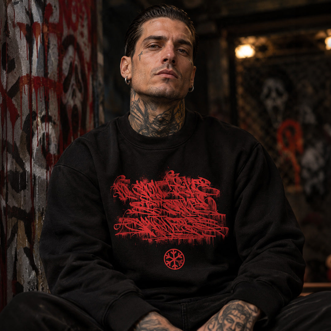 Black-Do You Like Scary Movies Graffiti Sweatshirt by Shew from B.Different Clothing, male model, graffiti-inspired streetwear, oversized heavyweight