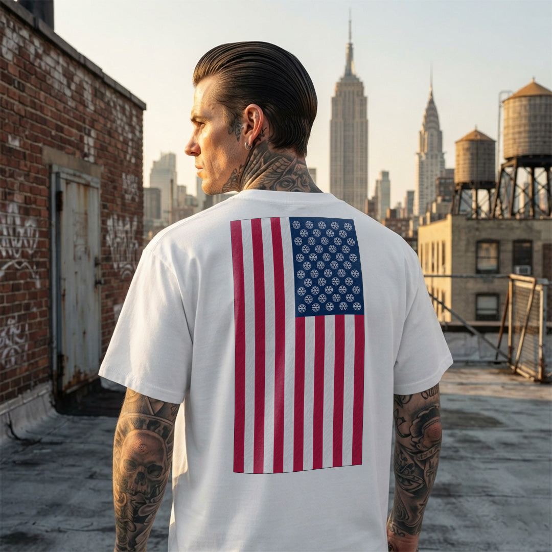White-Flag Graffiti Tee from B.Different Clothing, male model, graffiti-inspired streetwear, oversized heavyweight t-shirt