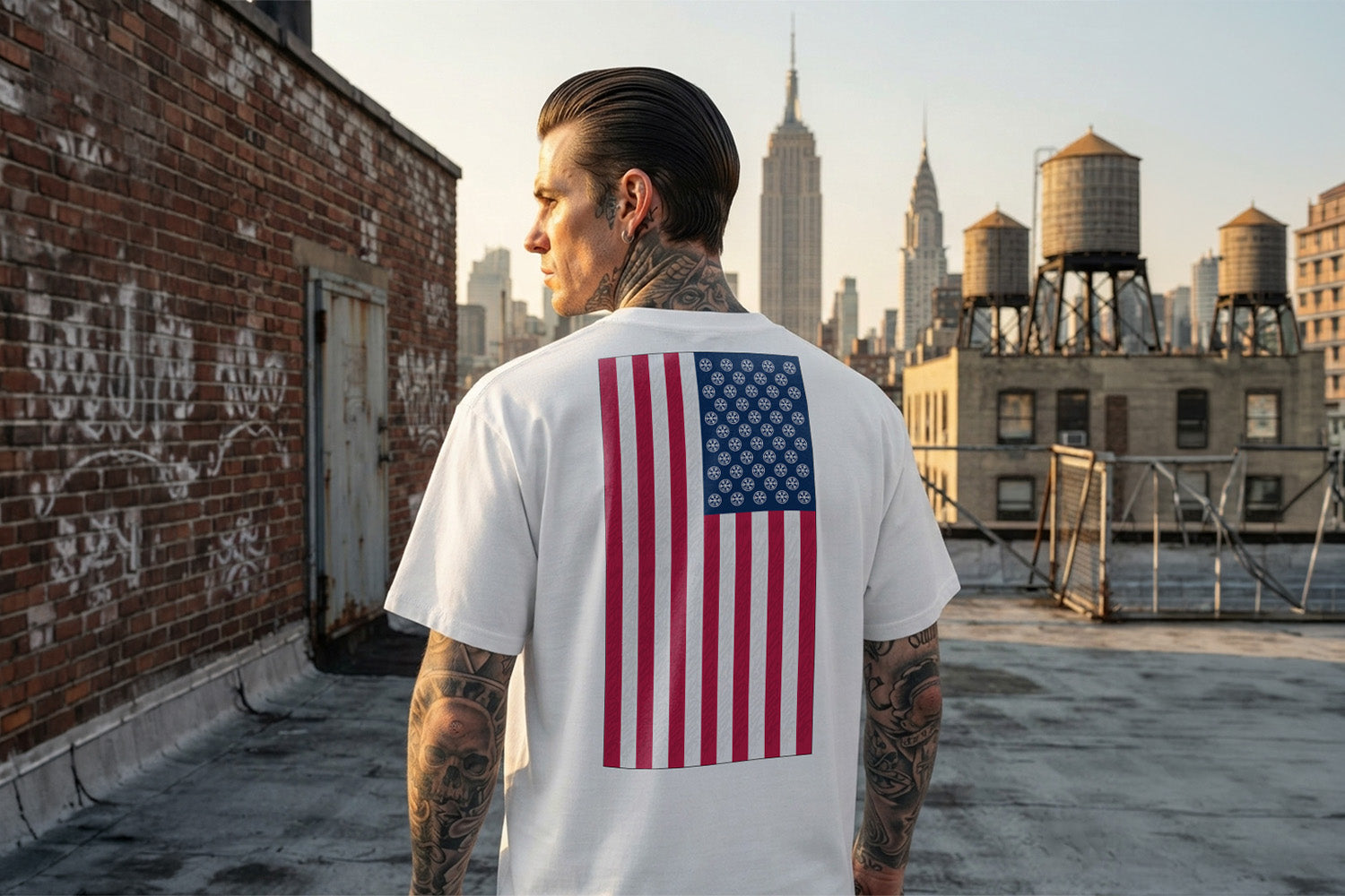Man wearing Flag Graffiti Tee from B.Different Clothing, graffiti-inspired streetwear