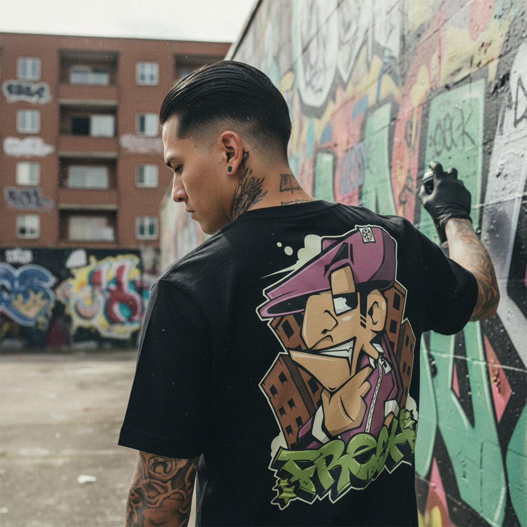 Black-Fresh Graffiti Character Tee from B.Different Clothing, male model, graffiti-inspired streetwear t-shirt