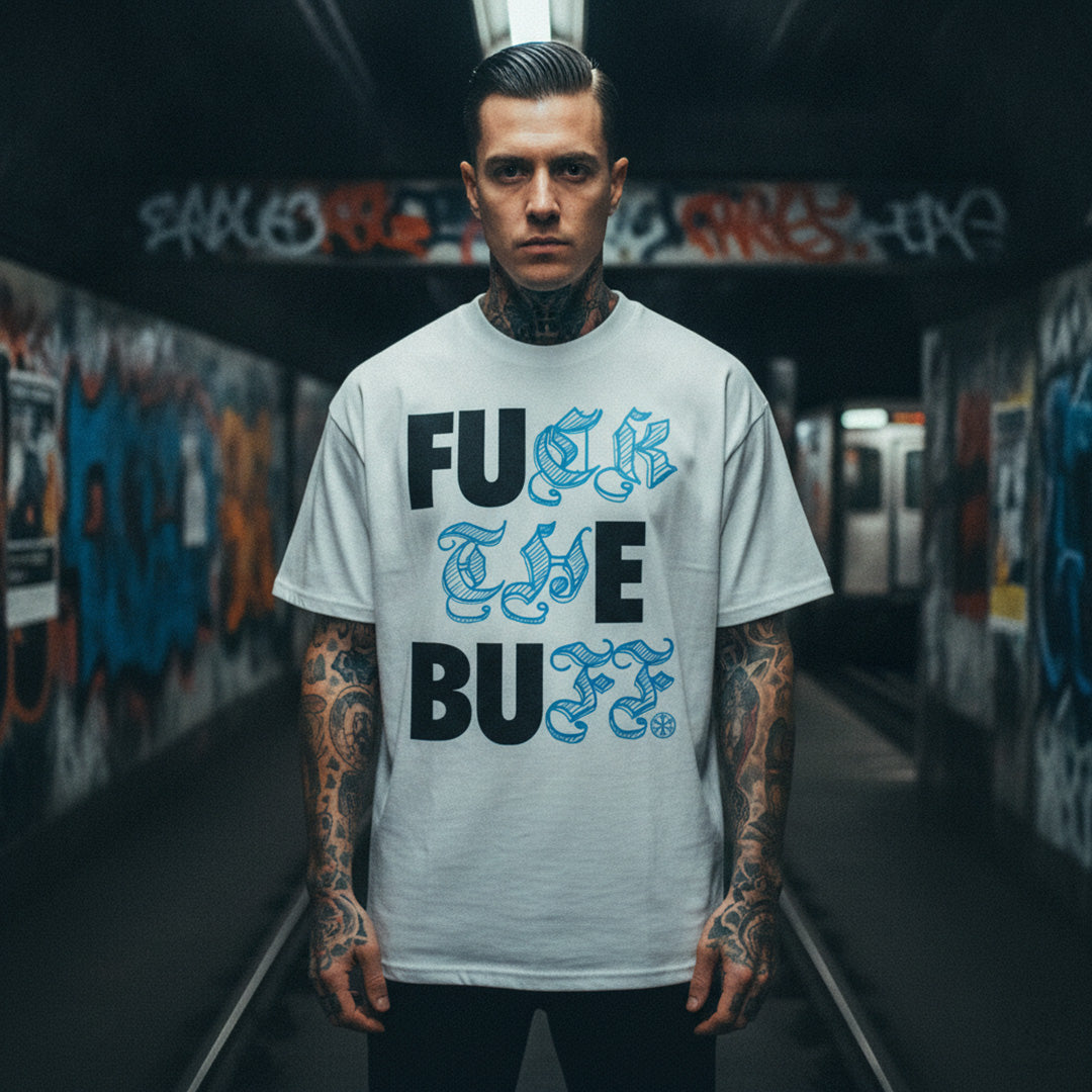 White-Fuck The Buff Graffiti Tee from B.Different Clothing, male model, graffiti-inspired streetwear, oversized heavyweight t-shirt