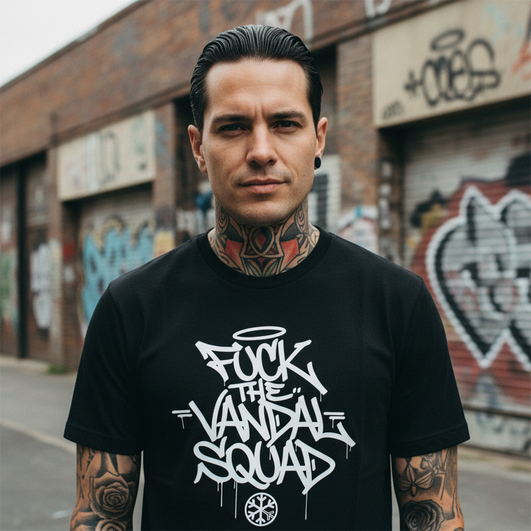 Black-Fuck The Vandal Squad Graffiti Tee from B.Different Clothing, male model, graffiti-inspired streetwear t-shirt