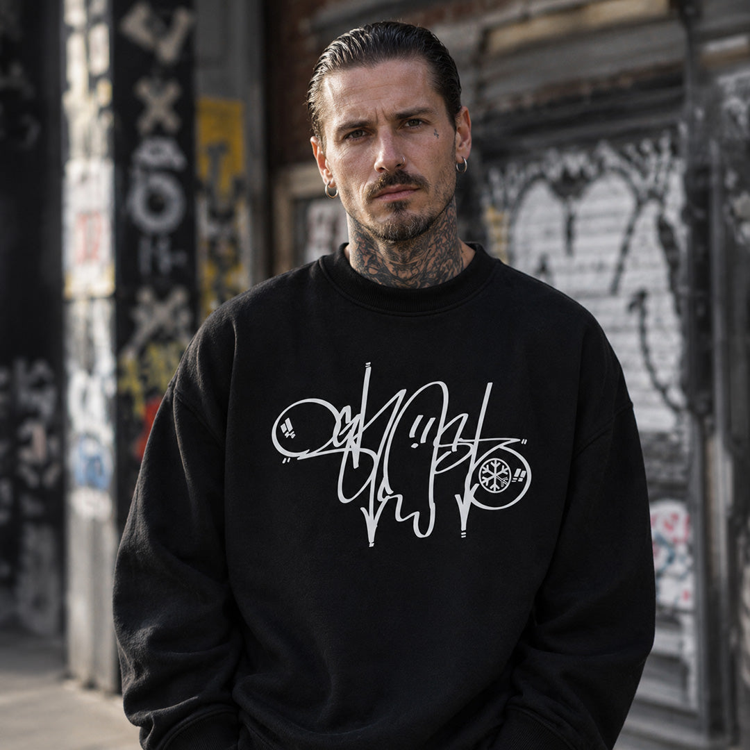 Black-Ghost Tag Sweatshirt by Graffiti Dad from B.Different Clothing, male model, graffiti-inspired streetwear, oversized heavyweight