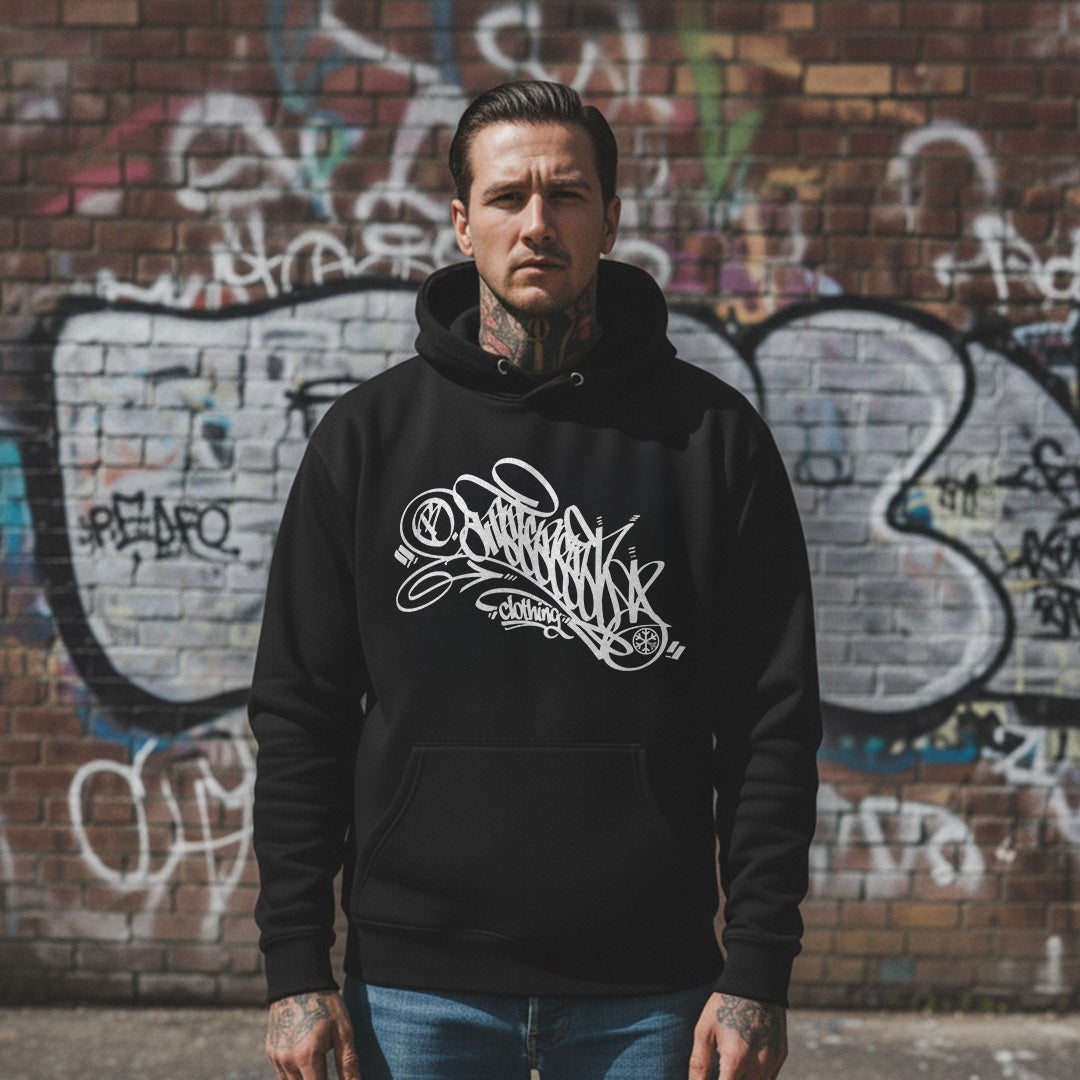 Black-B.Different Clothing Graffiti Tag Hoodie from B.Different Clothing, male model, graffiti-inspired streetwear
