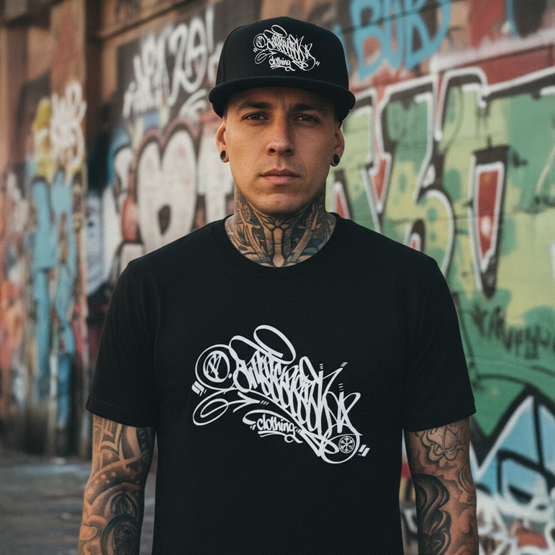 Black-Graffiti Dad Collab Snapback Hat from B.Different Clothing, male model, graffiti-inspired streetwear