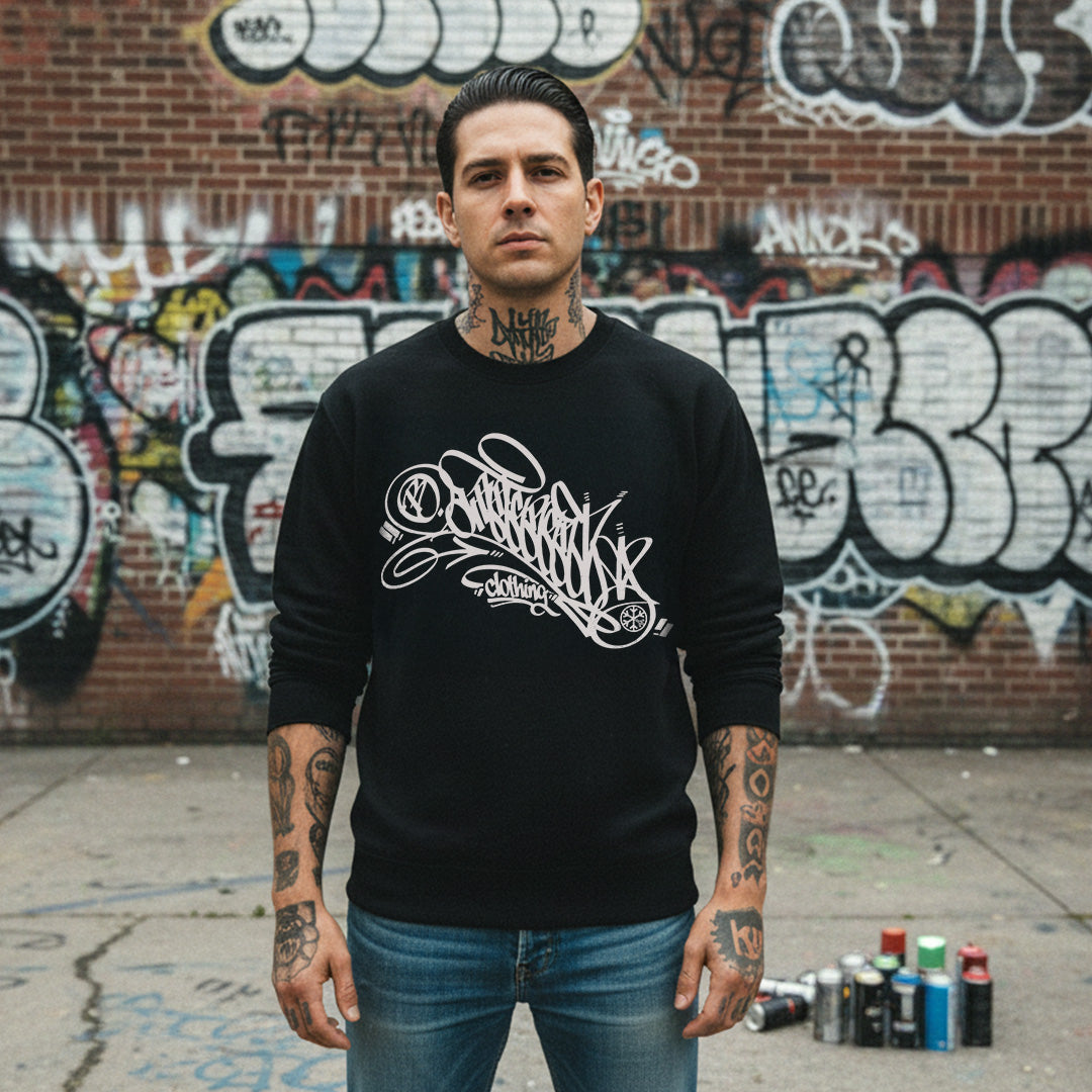 Black-B.Different Clothing Graffiti Tag Sweatshirt from B.Different Clothing, male model, graffiti-inspired streetwear