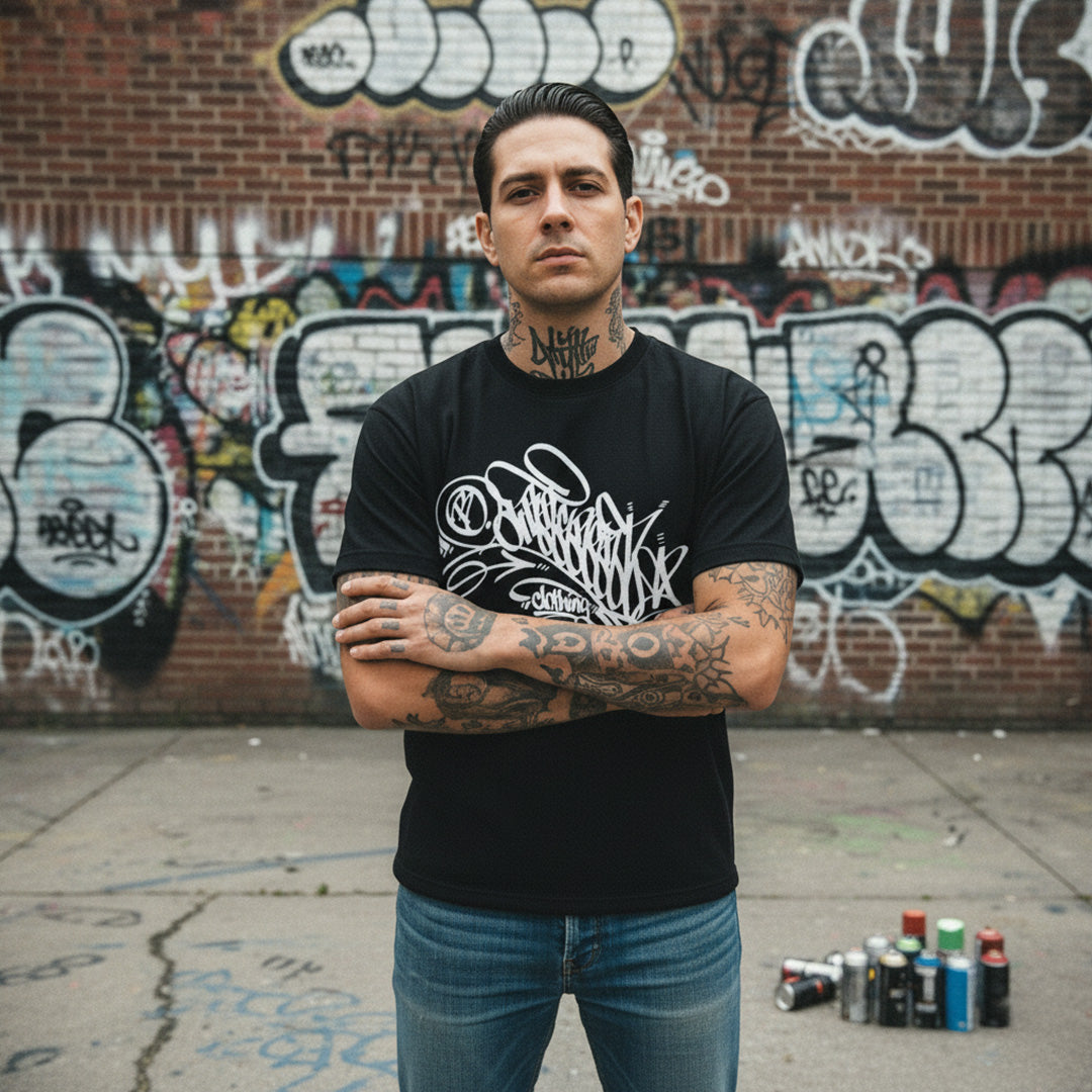 Black-B.Different Clothing Graffiti Tag Tee from B.Different Clothing, male model, graffiti-inspired streetwear