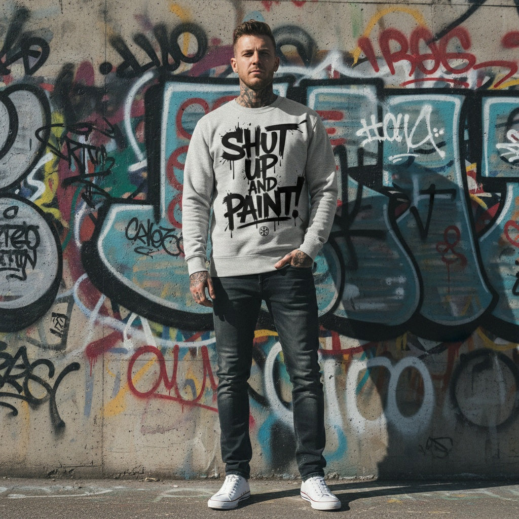 Gray-Shut Up and Paint Graffiti Sweatshirt from B.Different Clothing, male model, graffiti-inspired streetwear 