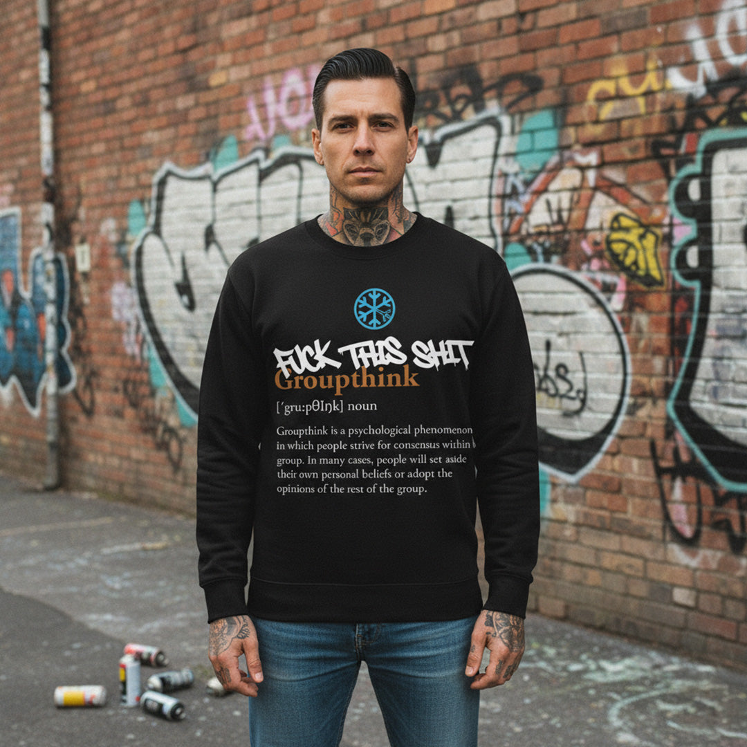 Black-Groupthink Graffiti Sweatshirt from B.Different Clothing, male model, graffiti-inspired streetwear