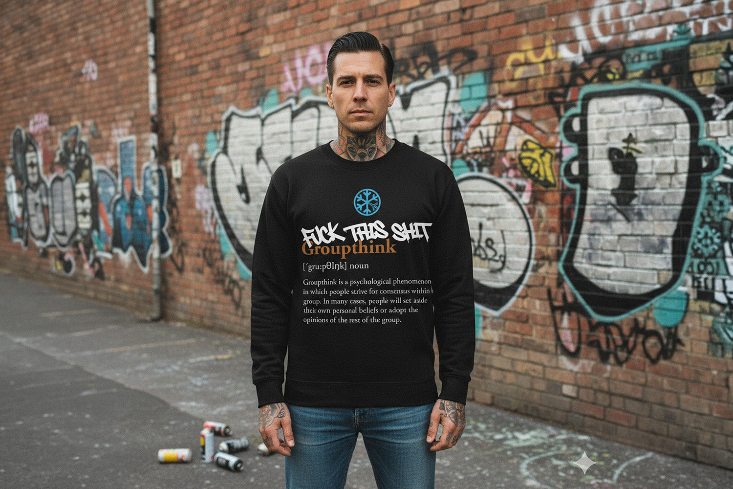 Man wearing Groupthink Graffiti Sweatshirt from B.Different Clothing, graffiti-inspired streetwear