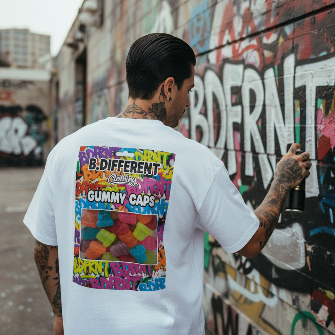 White-Gummy Caps Graffiti Tee from B.Different Clothing, male model, graffiti-inspired streetwear, oversized heavyweight t-shirt