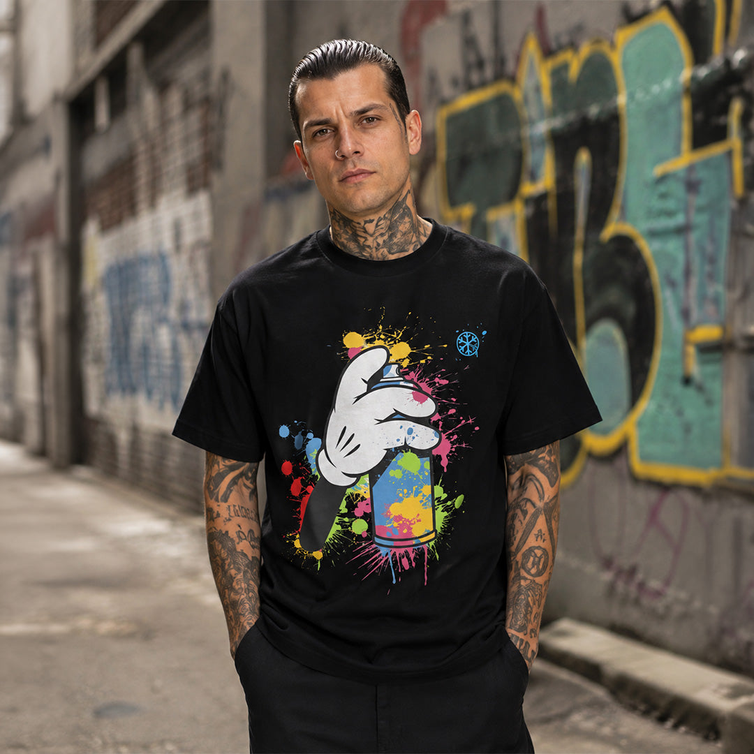 Black-Hand Spray Can Graffiti Tee from B.Different Clothing, male model, graffiti-inspired streetwear t-shirt