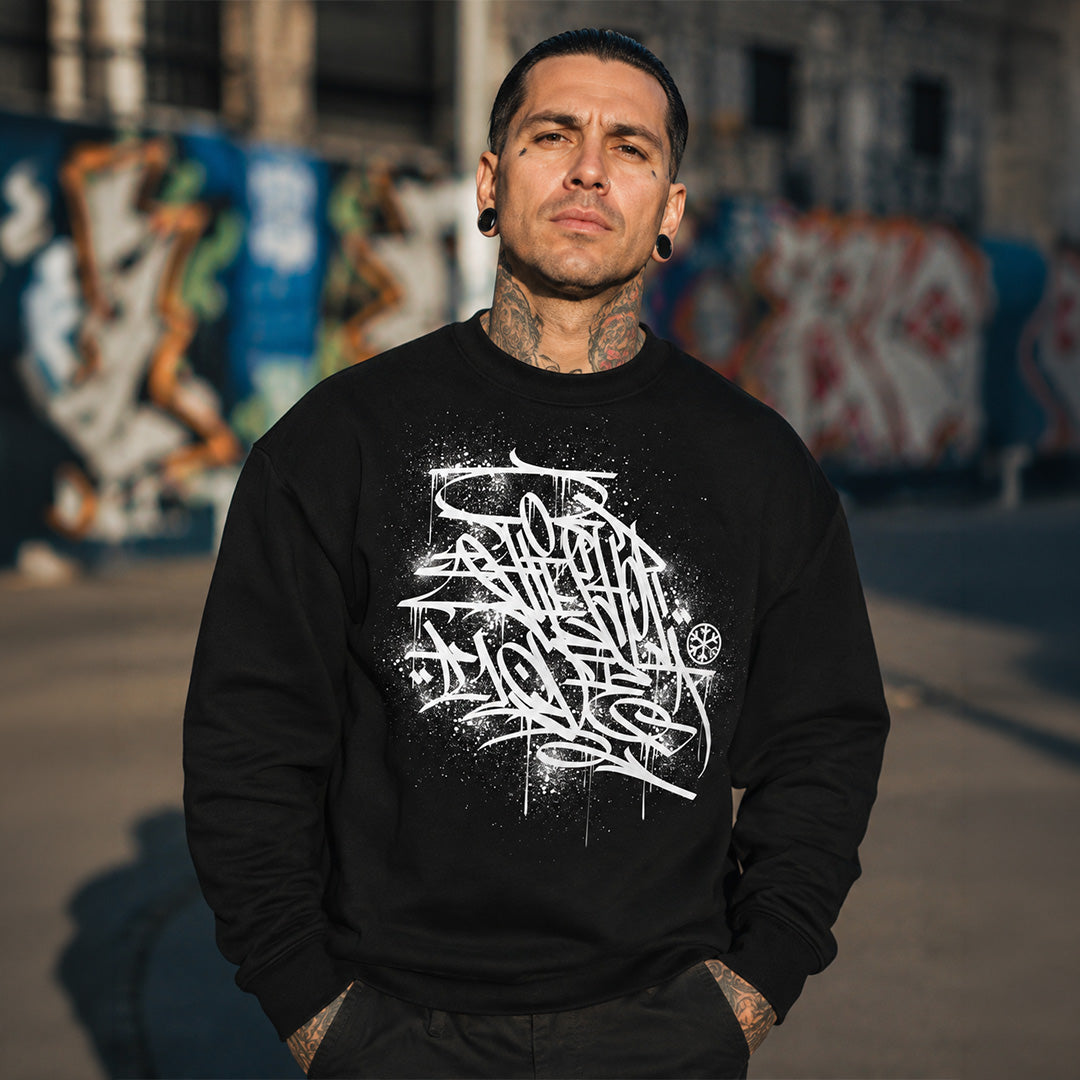 Black-Hip Hop Love Graffiti Sweatshirt by Shew from B.Different Clothing, male model, graffiti-inspired streetwear, oversized heavyweight