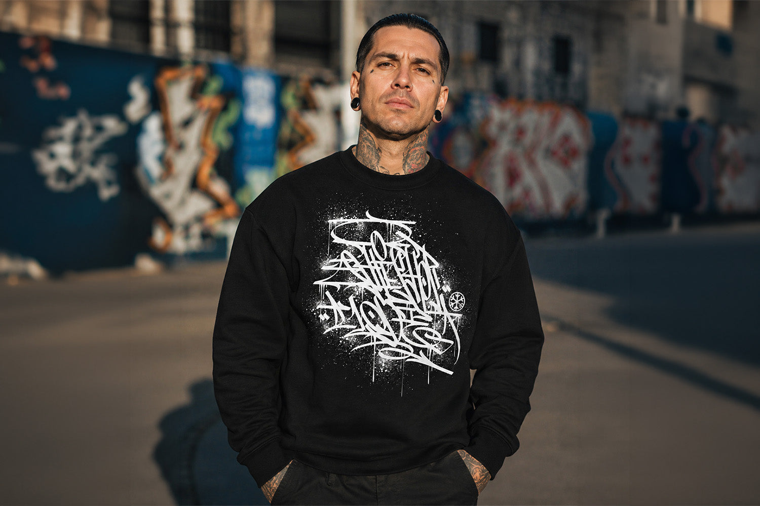 Man wearing Hip Hop Love Graffiti Tee by Shew from B.Different Clothing, graffiti-inspired streetwear